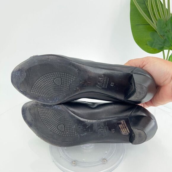 AGL Italy Women's Pump Size 41 11 Cap Toe Block Heel Low Heel Black Leather - Picture 7 of 11